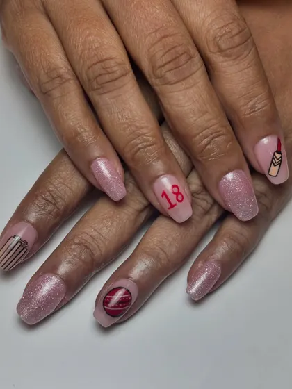 This was such a sweet request. A mom wanted to surprise her son for his birthday with cricket-themed nails, so I painted a bat, ball, and his jersey number.
