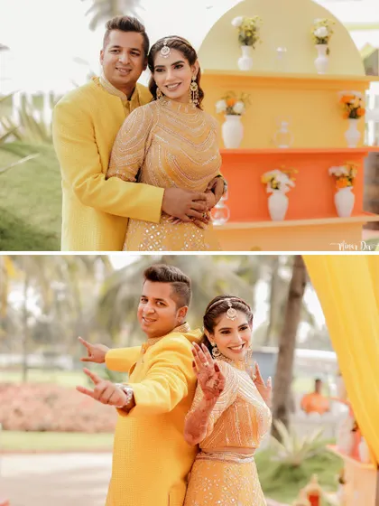 Fun and quirky couple portraits from the Haldi event. Their personalities really shine through in these shots.