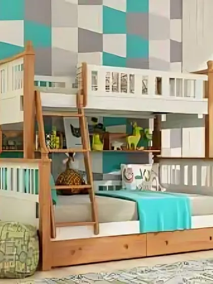 A charming bunk bed in white and wood, with cute railing details and under-bed storage.