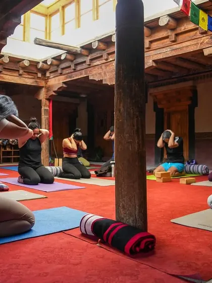 A moment of quiet preparation and breathwork during our Ladakh retreat. We start each session by centering ourselves, connecting to the breath and the space.