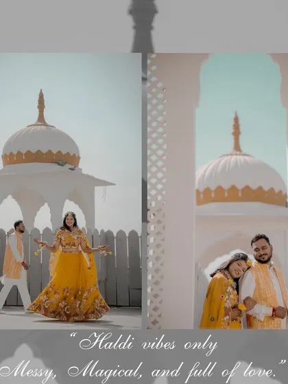 A collection of images from a beautiful Haldi ceremony. The couple's bright yellow outfits shine against the white architectural backdrop, capturing the joy and tradition of this pre-wedding ritual.