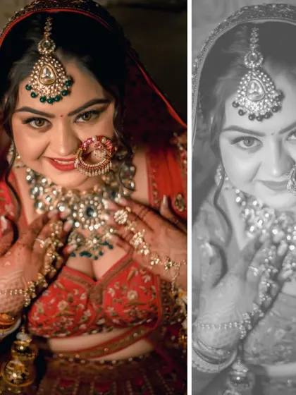 A diptych of Ishita, with one color and one monochrome portrait, showcasing her joyful expression and the intricate details of her jewelry.