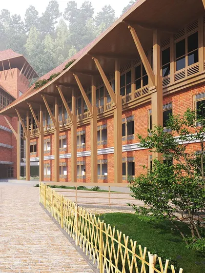 A rendering of the upcoming Netaji Subhash Chandra Bose University of Excellence in Sikkim. The design responds to the challenging mountainous terrain with earthquake-resilient strategies and materials like brick and wood that are rooted in the local context.