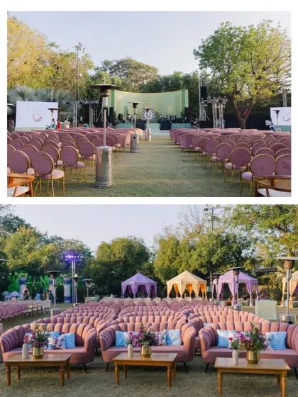 An overview of the outdoor seating for the Mehndi, with comfortable sofas and tents arranged for a relaxed and festive gathering.