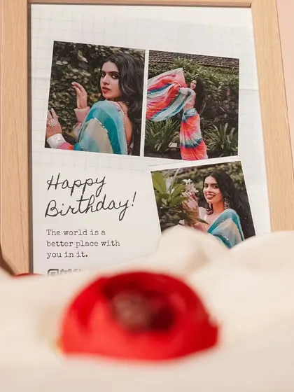 Experience the magic of my AugmaFrame, where photos come to life. This image shows a birthday-themed augmented reality frame that can play videos or animations when viewed through a phone.