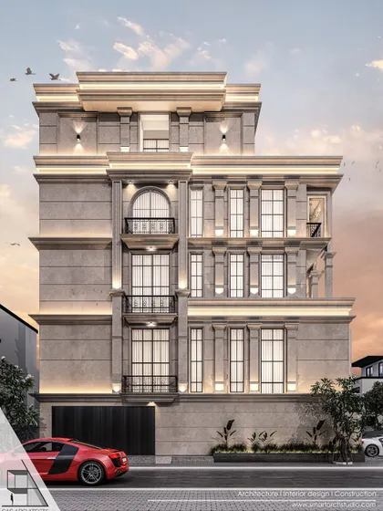 A frontal view of the same restrained neoclassical proposal, emphasizing its clean symmetry and understated detailing.