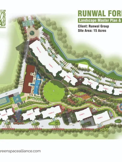 Our master planning capabilities are foundational to creating successful large-scale communities. This landscape master plan for the 15-acre Runwal Forest project illustrates our strategic approach to balancing high-density architecture with extensive green cover, ecological corridors, and a full spectrum of residential amenities.