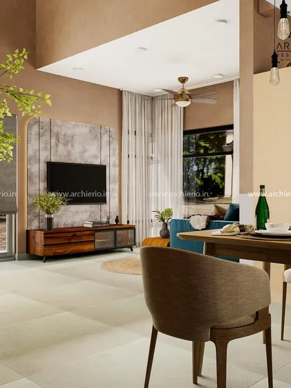 A view of the rustic-contemporary living room, showing the textured TV wall and large windows that bring in natural light. The space feels both earthy and modern.