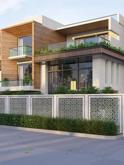 From the sketch to the screen. This is the photorealistic 3D render of the initial concept, showing the final design with materials, lighting, and landscaping during the day.
