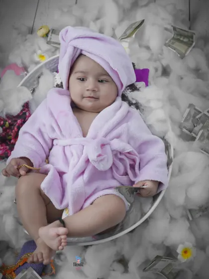 This little 'Lady Boss' is ready for business in her bathrobe, surrounded by clouds and money. A fun and empowering theme!