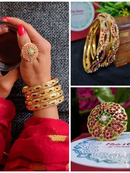 This collage shows how to pair my pieces, featuring a statement cocktail ring with a stack of matching Jadau bangles. It’s a great example of how to create a powerful, festive look.
