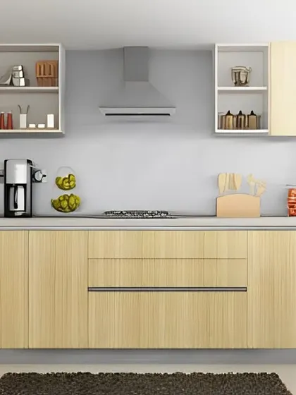 A bright and airy U-shaped kitchen with light wood grain laminate cabinets. Open shelving and red pendant lights add a touch of color and personality to this highly functional layout.