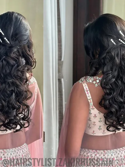A collage showing the Sangeet hairstyle from the front and back, highlighting the beautiful curls and delicate pearl accessories.