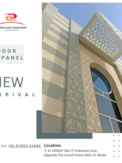 An outdoor jali panel used as a facade on a modern building. The intricate pattern adds a decorative layer to the exterior, showcasing how our work can be applied on a large architectural scale for both commercial and residential projects.