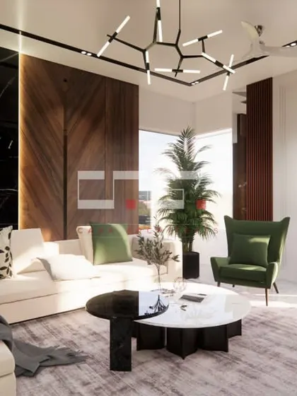 A 3D render of a modern living room with dark green armchairs, a large white sectional, and a striking black marble accent wall.