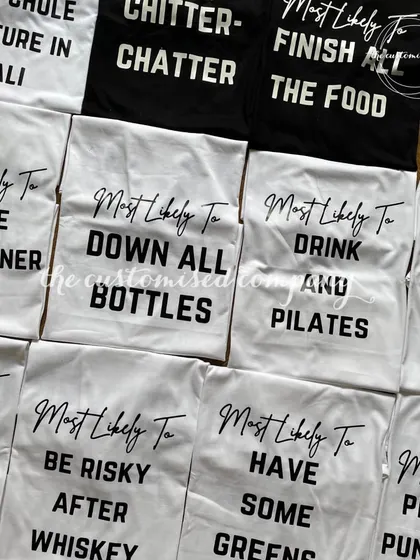 Get the party started with custom "Most Likely To..." t-shirts. Perfect for a 30th birthday trip or bachelor party, these shirts add a fun, interactive element to any group celebration.