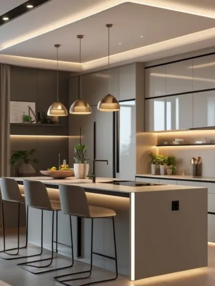 This kitchen and dining island combination is perfect for modern, open-plan living. The neutral color palette and pendant lighting create a warm and inviting atmosphere for both cooking and dining.