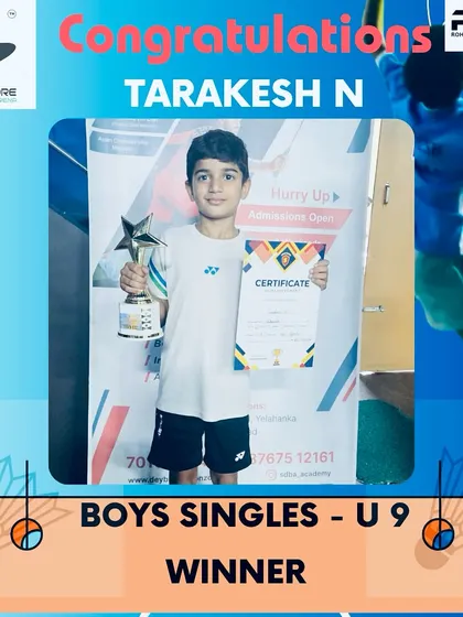 Tarakesh N with his winner's trophy for the Boy's Singles U9 category. It's rewarding to see young talent flourish with the right guidance.