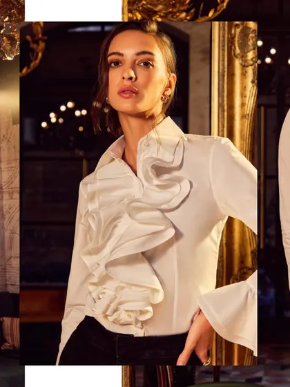 A creative collage-style image for Camessi, highlighting the ruffled detail on the women's shirt.