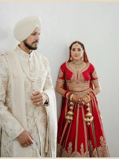 A classic portrait of Nita and Navi from their beautiful Sikh wedding in Fresno, California, showcasing the deep traditions and their profound love.