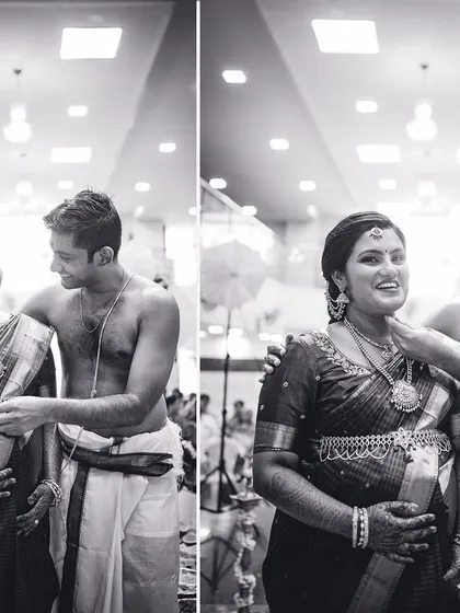 A happy, laughing couple during their baby shower ceremony. We capture the joy and playfulness of these traditional celebrations.