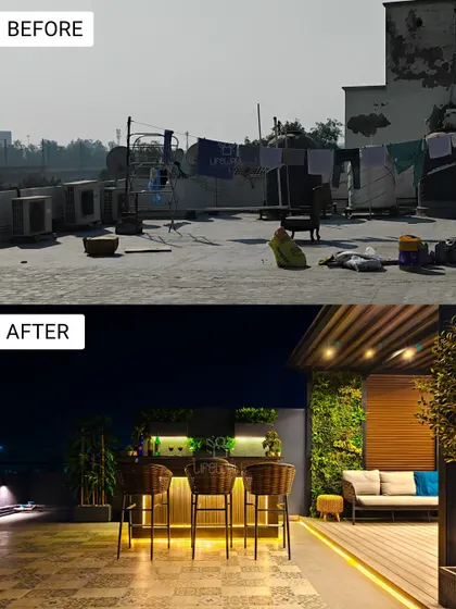 This cluttered rooftop is now a chic, modern bar and lounge. The transformation includes a stylish bar with under-lighting, a comfortable seating area, and a vertical green wall for a touch of nature.