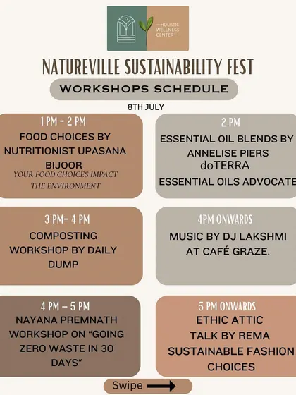 This is the schedule from our Natureville Sustainability Fest. We hosted workshops on sustainable food choices, composting, zero-waste living, and more, bringing the community together to learn how to make our world a better place.