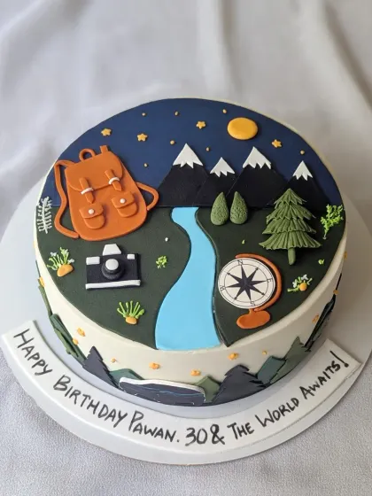 The world awaits! This travel-themed cake was based on an AI image the client sent. It features a backpack, camera, and compass, ready for adventure.
