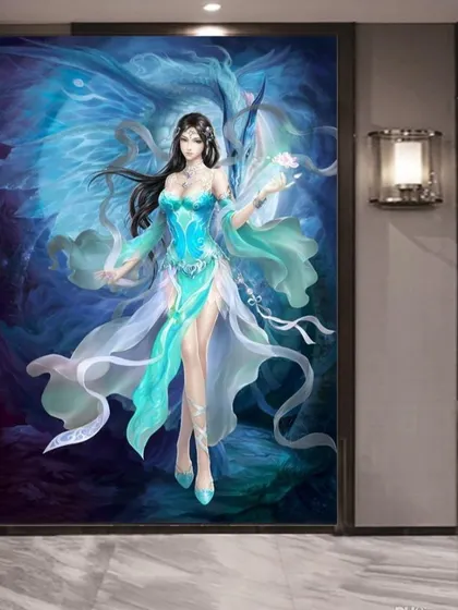 A fantasy-themed 3D wallpaper concept of a beautiful fairy or goddess. This type of mural can add a touch of magic and elegance to a hallway or bedroom.
