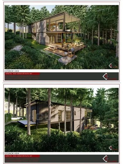 Renders of the villa's exterior, highlighting the indoor-outdoor living spaces and the use of natural materials.