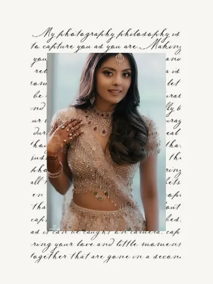 A beautiful bridal portrait from an engagement, framed with elegant script. We focus on capturing the bride's grace and anticipation.