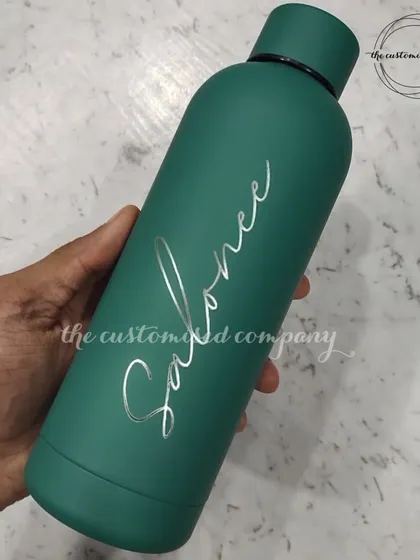 Our new personalized insulated bottles are available in a range of amazing colors. This elegant forest green bottle is customized with a name in a beautiful silver script.