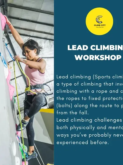 Ready to take your climbing to the next level? Our Lead Climbing Workshop is for you. This graphic explains what lead climbing is: a challenging discipline that tests you both physically and mentally.