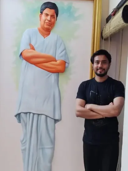A full-length, life-sized portrait of Swami Ramdev ji in a simple white dhoti, capturing his persona as a yoga guru.