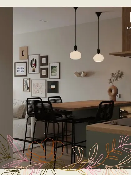 A cozy living and dining area where warm wood tones and a gallery wall create a personal and inviting atmosphere. The design is perfect for compact urban homes.