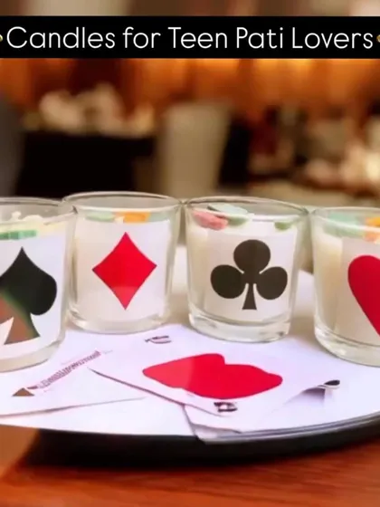 A set of four shot glass candles featuring the four card suits: spades, hearts, diamonds, and clubs. A great gift for any teen pati lover.