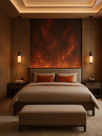 This bedroom is inspired by the element of Fire. The design is bold and passionate, with a dramatic accent wall and warm, energetic colors.