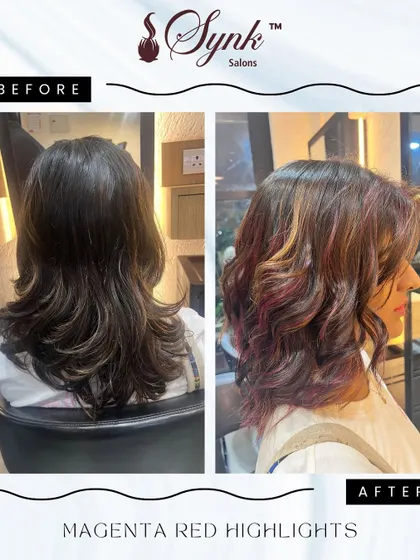 A bold before-and-after transformation. We gave this client a fresh, modern cut and added vibrant magenta red highlights for a pop of colour and personality.