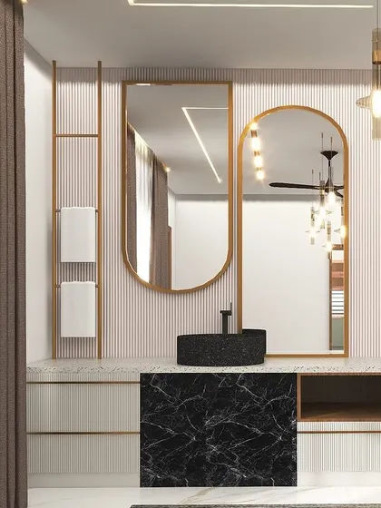 A 3D render of a sophisticated wash area with a black marble vanity and vessel sink. The design includes two elegant, elongated mirrors and gold-finished fixtures for a touch of glamour.