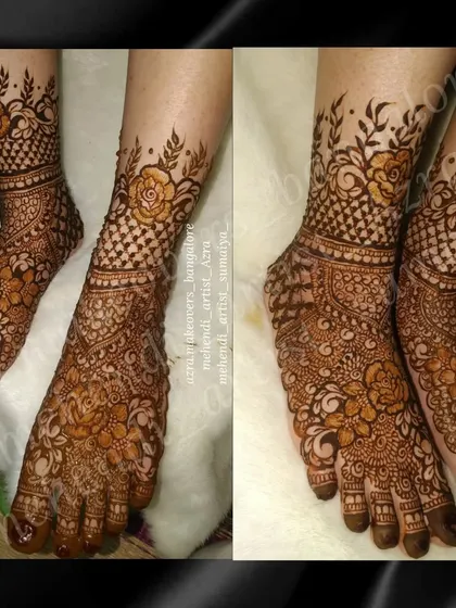 A beautiful bridal foot design with floral and net patterns, shown in a before and after collage.
