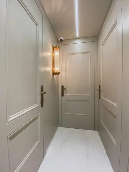 Details matter, even in the passages. This hallway in a luxurious private residence features classic paneled doors and walls, complemented by elegant brass handles and a vintage-style wall sconce.