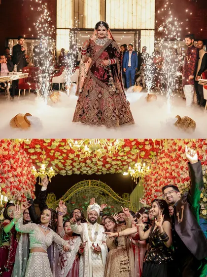 A collage showing the bride's dramatic entrance with cold pyro and the groom's fun-filled celebration with his friends and family.