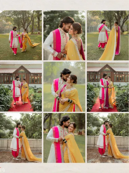 This collage presents a variety of moments from a single Marathi look photoshoot. It shows our ability to capture a range of poses, from playful and candid to formally posed, giving you a complete story of your day.