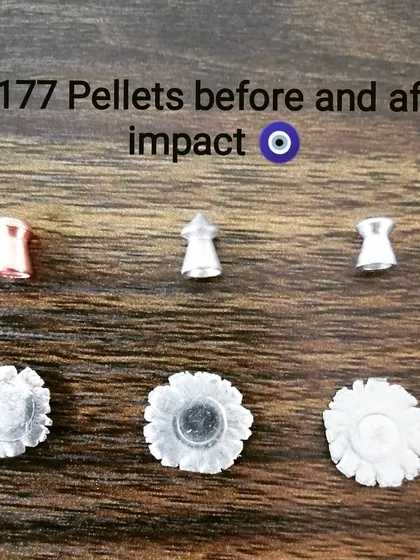 A cool look at 0.177 calibre pellets before and after they hit the target. You can see how the soft lead deforms on impact.