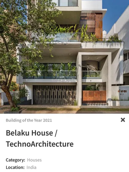 The 'Belaku House' facade, another Building of the Year nominee, uses layers of balconies, planters, and screens to create a dynamic and green urban home.