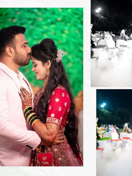 A collage capturing a tender forehead kiss and the dramatic smoke-filled entrance, showing both the romantic and grand moments of the reception.