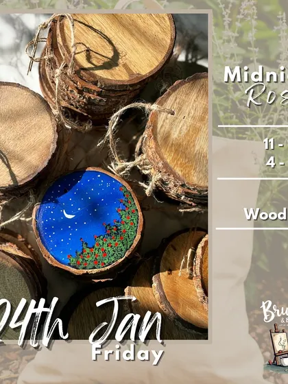 "Midnight Roses" painted on a round wood slice. The natural grain of the wood adds a unique texture and feel to the artwork.