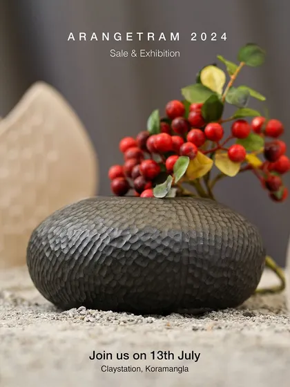 Akanksha, an e-commerce entrepreneur turned pottery enthusiast, presents her debut collection "Finding Balance" at Arangetram. Her work explores the harmony between structure and spontaneity, using contrasting colors and textures to symbolize how order and chaos coexist.
