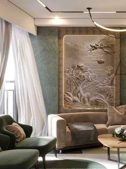 This contemporary living room features a stunning 3D mural, a dark green textured wall, and a modern curved chandelier, creating a space that is both artistic and comfortable.
