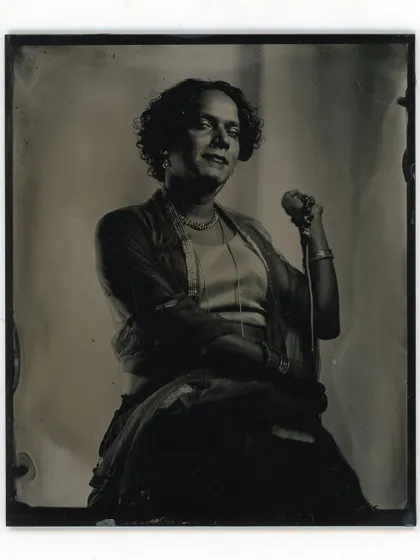 A graceful and powerful portrait created using the wet plate collodion process, where each image is a unique, handcrafted object.